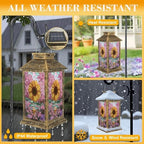 Stained Glass Style Solar Lantern Outdoor Garden Hanging Lantern Stained Glass Sunflower Spring Mosaic Design Waterproof Solar Powered Lighting Outside Table Lamp for Patio Deck Yard Camping - Image 3
