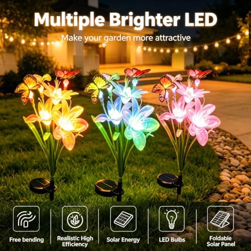 Solar Garden Lights, 3 Pack Swaying Butterfly Flower Yard Light - Image 6