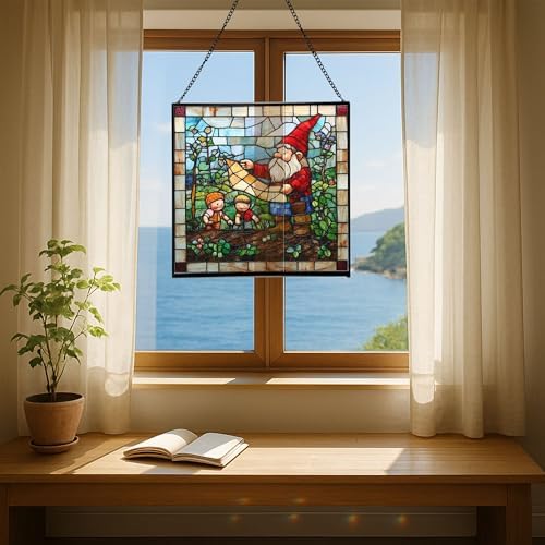 Gnome with Garden Planning Stained Glass Suncatcher – Square Hanging Window Panel for Home, Garden, Nursery, Halloween, Christmas, Memorial Day – Whimsical Glass Art Gift for Gnome Lovers 7ymrhw - Image 6