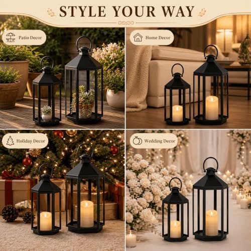 Black Decorative Metal Lanterns Indoor Outdoor, 19" 17" Tall - Image 5