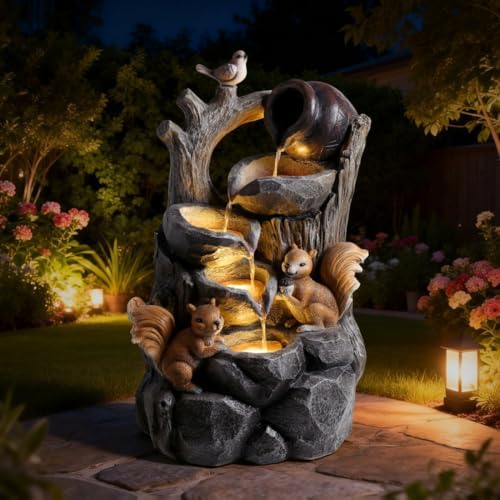 Squirrel Outdoor Water Fountain with LED Lights Cascading Resin Tree Stump Waterfall Garden Decor for Patio Yard Porch - Image 2