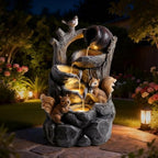 Squirrel Outdoor Water Fountain with LED Lights Resin Garden Waterfall Fountain with Pump Multi Tier Tree Stump Design Patio Yard Porch Decor - Image 2