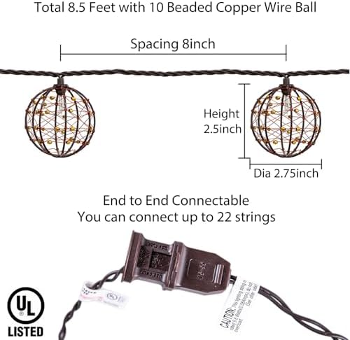 Outdoor Decorative Patio String Lights, Beaded Copper Wire Ball Style Lantern Lights, Connectable Weather-Resistant Indoor Outdoor Novelty Whimsical Light for Home Pergola Bedroom Porch Party Backyard - Image 3