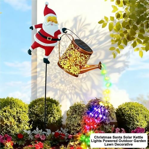 Christmas Solar Kettle Lights Garden Lawn Decorative Lights, Waterproof Hanging Christmas Santa Solar Kettle Light, Watering Can with Cascading Lamp, Stake for Garden Decor (B Rainbow, 1 Pc) - Image 3