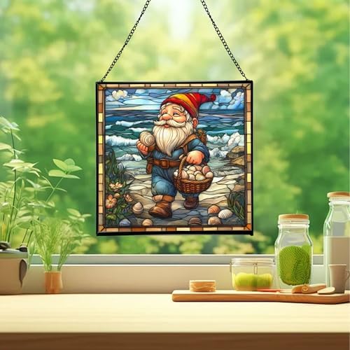 Shell Collector Gnome Stained Glass Suncatcher – Square Hanging Window Panel for Home or Greenhouse – Whimsical Glass Art Gift for Garden Lovers, Christmas, Halloween, Father Days MXctcy - Image 2