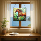 Brown Dutch Warmblood Horse Galloping Along Wild Hedgerow Square Suncatcher – Stained Glass Style Window Panel with Pastoral Scene, Custom Decorative Hanging Art for Equestrian Home, Christmas jib2gJ - Image 6