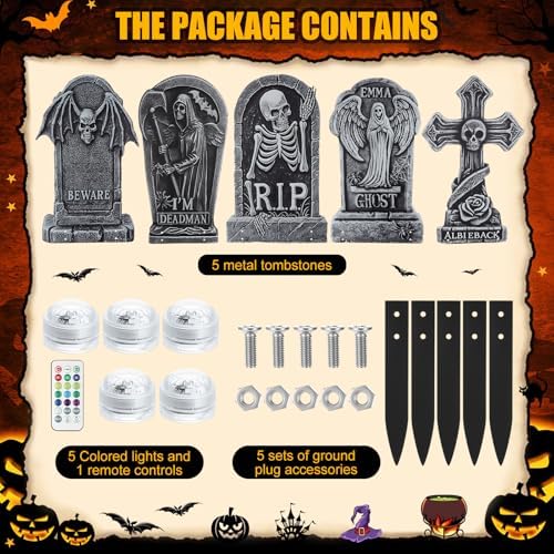 Aurelema 5 Pcs 17" Metal Halloween Tombstones with Light Decoration Outdoor - Image 3