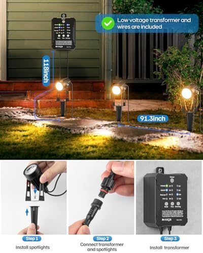 HIBOITEC Low Voltage Landscape Lighting with Transformer Photocell Sensor and Timer Spotlights Kit 68FT ETL Approved Wire Dimmable Waterproof 2700K for House Yard Trees Garden Plants Outdoor 8 Packs - Image 5