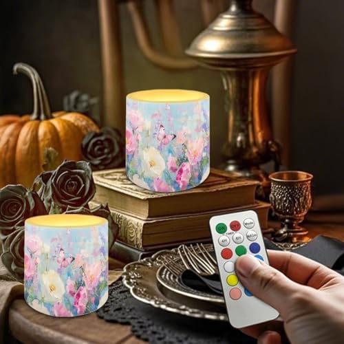 Flameless LED Lights Candles Oil Painting Flower Butterfly Pattern 4 Pieces Battery Powered LED Candles with Remote for Valentine Party Wedding Birthday Party Outdoor - Image 2