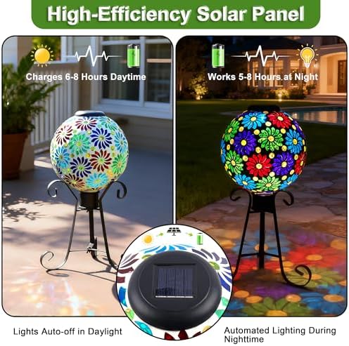 SAVENNA Mosaic Solar Gazing Ball 10 Inch,Glass Garden Globe with Auto On/Off for Yard, Lawn & Outdoor Decor,Multi-Color - Image 4