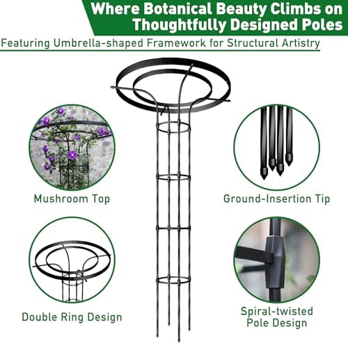 6.89FT Mushroom Top Obelisk Trellis for Outdoor Climbing Plants, Rustproof PE-Coated Metal Poles Support, Decorative Garden Trellis for Climbing Rose, Wisteria, Black - Image 4