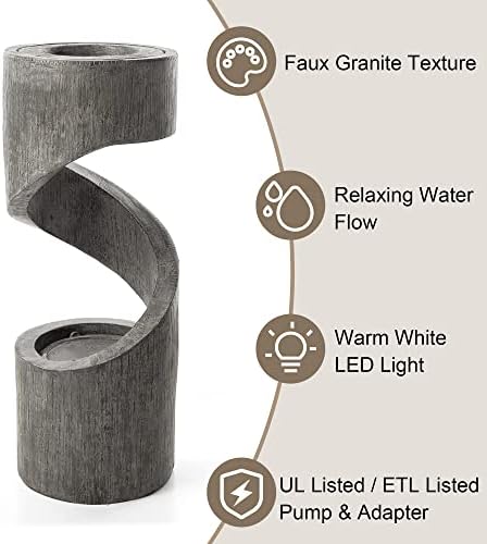 Glitzhome Outdoor Fountain with LED Light, Spiral Water Fountain Outdoor with Stone Planter, Modern Curved Waterfall Fountains Water Feature for Garden Patio, 31.3”H - Image 3