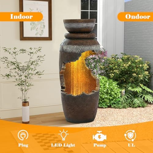 Outdoor Water Fountain with LED Lights & Planter, Modern Freestanding Garden Fountain, Spiral Tiered Urn Waterfall Resin Fountain for Patio, Yard, Porch and Home Décor, Cracked Urn Design - Image 4