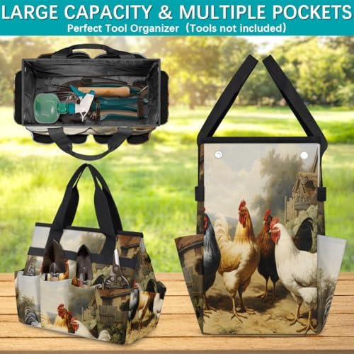 Farmhouse Garden Tool Bag Organizer Heavy Duty Chicken Gardening Tote Bag with 10 Pockets for Women Men Gardening Gifts - Image 4