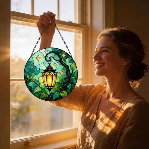 Stained Glass Suncatcher Glowing Lantern Art Window Hanging, Botanical Leaf Garden Decor for Home, Unique Birthday Gift for Mom, Wife, Her, Nature Wall Accents (Mixed,11.8×11.8 in) - Image 6