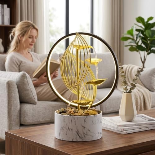 15 Inch Gold LED Metal Tabletop Water Fountain, Indoor Lotus Waterfall Decor for Desk Bedroom Living Room Office - Image 2