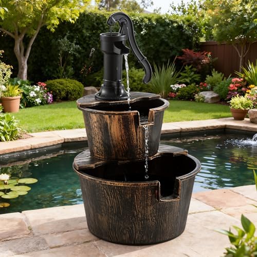2-Tier Barrel Waterfall Fountain,27-Inch Plastic Outdoor Water Feature with Pump for Garden,Patio and Backyard - Image 6