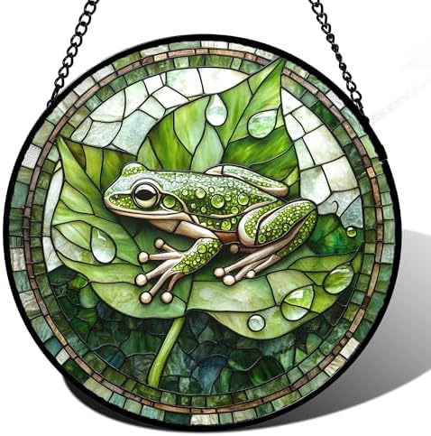 Green Frog Lily Pond Stained Glass Window Hanging Suncatcher Gifts 9.8" by Follow