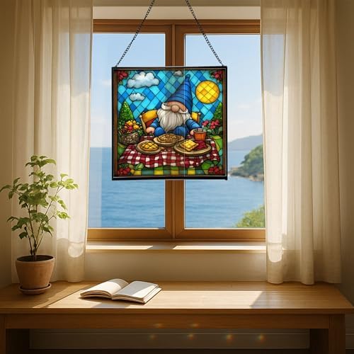 Baking Gnome Picnic Stained Glass Suncatcher – Square Hanging Window Panel for Home or Greenhouse – Whimsical Glass Art Gift for Garden Lovers, Christmas, Halloween, Father Days VW9vGA - Image 6