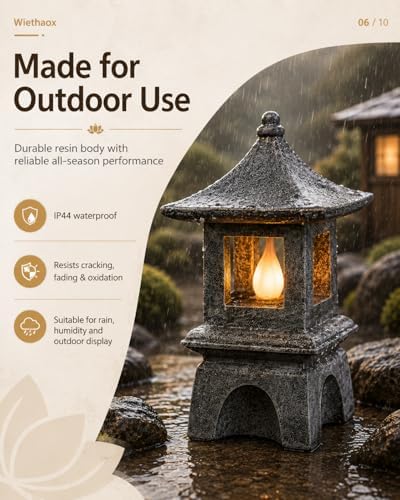 Solar Pagoda Lantern Japanese-Style with LED Flickering Flame Light, Zen Garden Statue Waterproof Resin Stone Finish Outdoor Decorations for Patio Yard Lawn, Housewarming Gifts for Mom Women - Image 5