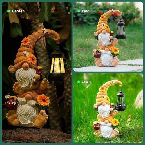 Solar Bee Garden Gnomes with LED Lantern, 12.2-Inch Outdoor Statue - Image 4