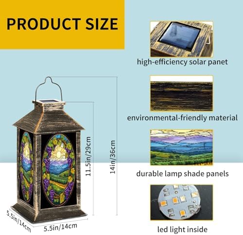 Solar Lantern Stained Glass Window Grapevines Purple Grapes Scenic Vineyard Outdoor Waterproof Garden Hanging Lantern Solar Powered Lighting Outside Table Lamp for Patio Deck Camping 1 Pack - Image 6