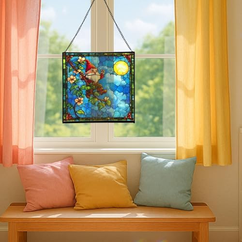 Glowing Vine Gnome Stained Glass Suncatcher – Square Hanging Window Panel for Home or Greenhouse – Whimsical Glass Art Gift for Garden Lovers, Christmas, Halloween, Father Days nPLiIr - Image 5