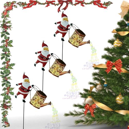 Christmas Solar Kettle Lights Garden Lawn Decorative Lights, Waterproof Hanging Christmas Santa Solar Kettle Light, Watering Can with Cascading Lamp, Stake for Garden Decor (Rainbow Light, 3 Pcs) by Unknown