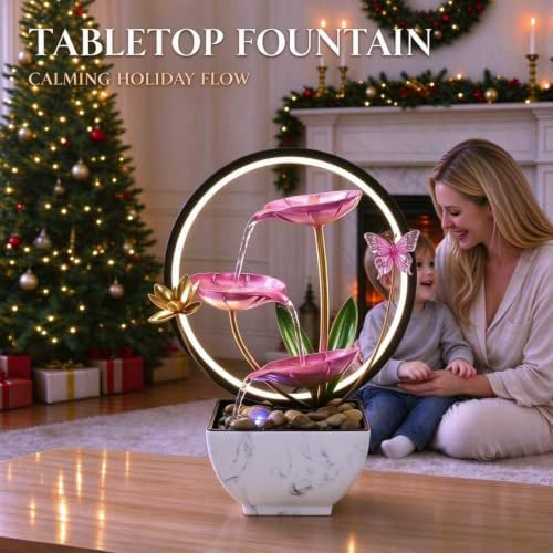 11'' H Pink Indoor Desktop Tableop Fountain Decoration, Fountain with LED Lights for Meditation and Zen Water Scenery, Festival Decorations - Image 4