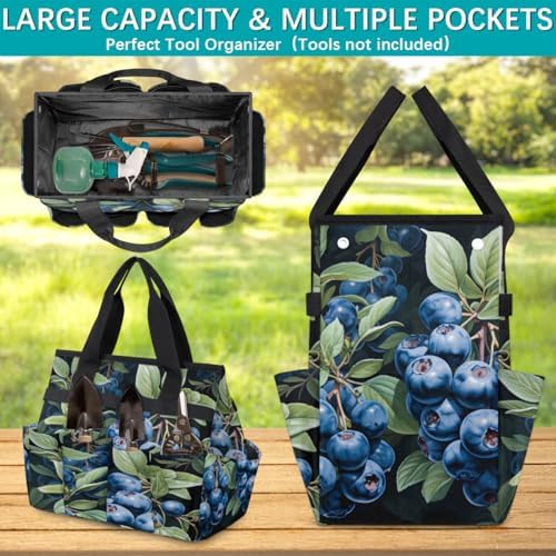Fruit Printing Garden Tool Bag Organizer Heavy Duty Blueberry Leaves Gardening Tote Bag with 10 Pockets for Women Men Gardening Gifts - Image 4