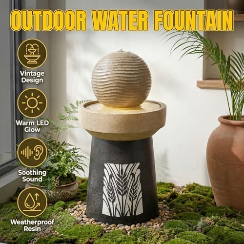32.1" H Modern Wheat Field Outdoor Water Fountain with LED Lights and Pump, Floor Standing Waterfall Feature Outdoor Garden Fountain for Garden, Porch, Patio and Backyard Decor - Image 3