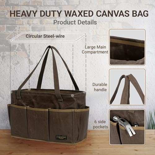 15.5-Inch Foldable Open Top Waxed Canvas Tool Bag, Multi-Purpose Wrench Tool Pouch with Handle, Durable and Water Resistant(Grey) - Image 3