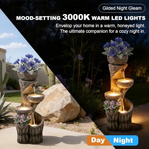35.5" H Outdoor Water Fountain with Planter & LED Lights, Cascading Waterfall Garden Water Feature, Stone-Look Fountain for Patio Backyard Porch Decor - Image 4