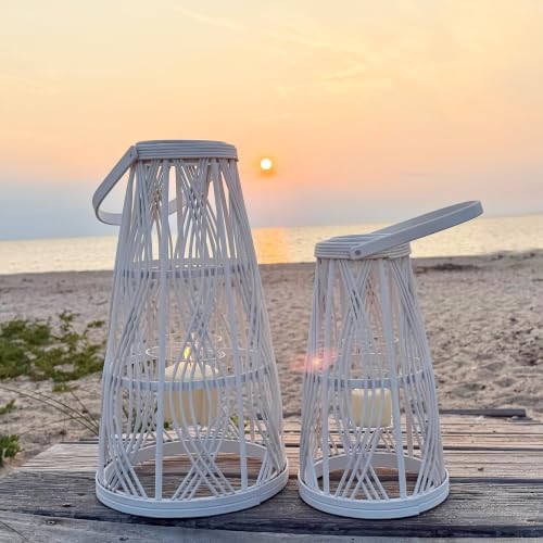 Key West Bamboo Hurricane Candle Lanterns, Set of 2, White - Image 6