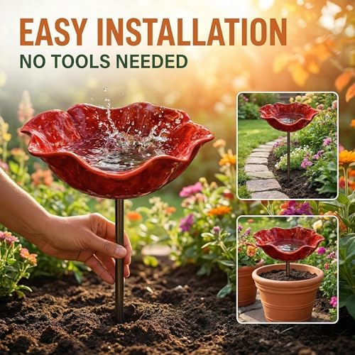 Handmade Metal Flower Garden Stake Bird Bath, Bee Watering Station with Colorful Butterfly & Flower Design – Decorative Bee Feeder Bowl for Outdoor Yard, Garden Decor (2pc) - Image 2