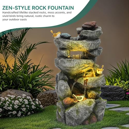 AUTODAYA 31.5" H Multi-Tier Rock Outdoor Fountain with LED Lights&Birds - Image 5