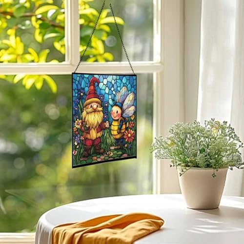 Bee Friend Gnome Stained Glass Suncatcher – Square Hanging Window Panel for Home or Greenhouse – Whimsical Glass Art Gift for Garden Lovers, Christmas, Halloween, Father Days SepAyu - Image 3