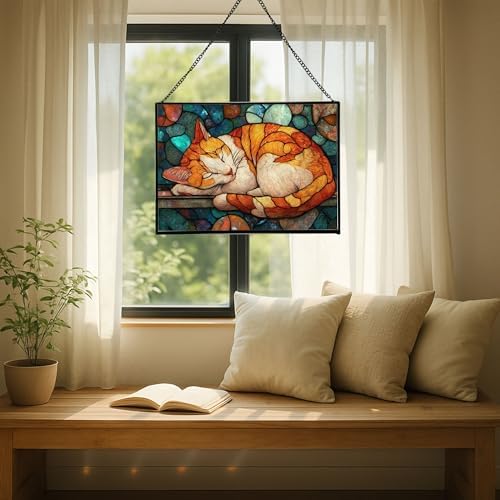 Sleeping Cat Curled in Window Light Rectangular Stained Glass Suncatcher – Hanging Window Panel with Animal & Nature Scene – Vibrant Glass Art Gift for Wildlife, Fantasy, Nature Lovers ZqhdE1 - Image 7
