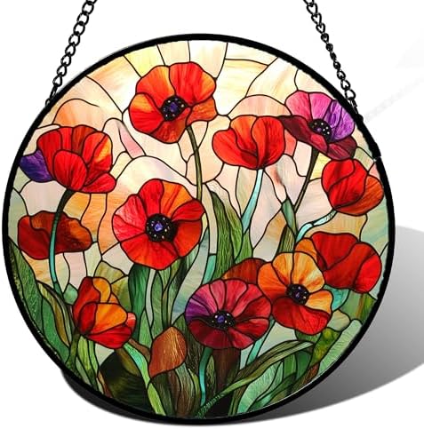 Red Poppy Flower Stained Glass Window Hanging Suncatcher Gifts for Mom 9.8" by Follow