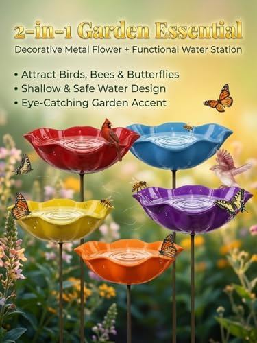 Handmade Metal Flower Garden Stake Bird Bath Bee Watering Station Feeder Pollinator Outdoor Decorative Bowl Butterfly Wildflower Rustic Yard Art Support for Outdoor Yard Decor(Purple) - Image 2