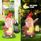 12.4" Solar Garden Gnome Statue with LED Lantern Welcome Sign, Pink - Image 3