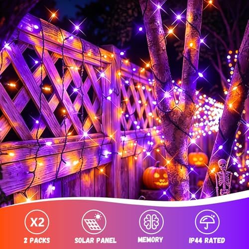 QITONG Solar Halloween String Lights, 2 Pack Each 66ft 200 LED Orange and Purple led Lights Outdoor Waterproof, 8 Modes Solar Twinkle Lights for Garden Patio Yard - Image 5