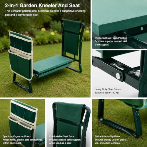 Garden Kneeler and Seat with Tool Pouches Foldable Gardening Stool Heavy Duty Steel Frame EVA Foam Pad Knee Protection for Outdoor Yard Lawn 60 x 28 x 49 cm - Image 3