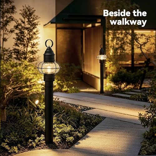 Kalium Outdoor Post Light Hard Wired, Matte Black Lamp Post Light Fixture with Seeded Glass,19" Waterproof Outside Column Lantern for Yard Driveway Patio Garden Walkway Landscape E26 Base Max 60 - Image 6