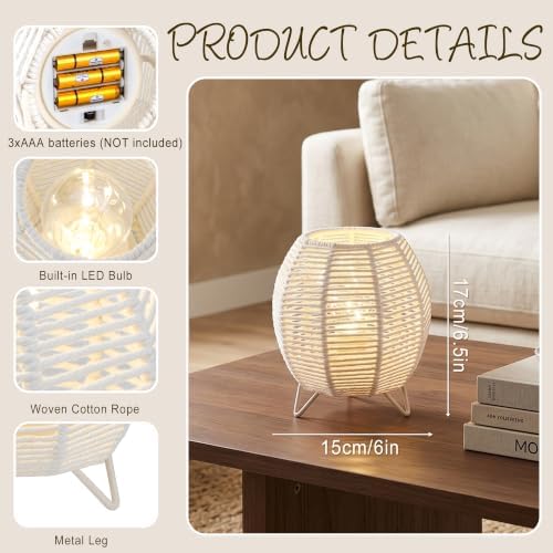 JHY DESIGN Cordless Table Lamps Set of 2, 6.5" H Battery Operated Woven Cotton Rope Lamps with 6 Hours Timer, Boho Bedside Lamps for Bedroom Living Room Home Parties Patio Events(White) - Image 3