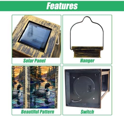 Solar Lantern Stained Glass Artwork Loon Lake Pine Trees Sunset Hunting Garden Hanging Lantern Waterproof Solar Powered Lighting Outdoor Table Lamp for Deck Yard Patios Trees Decor - Image 4