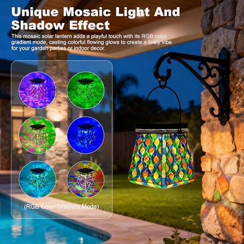 VOREEN Mosaic Solar Lantern, Colorful Mosaic Glass Decorative Lantern for Outdoor Garden & Patio, Tabletop or Hanging Solar Powered Light, Multicolor Geometric Lattice Design - Image 4
