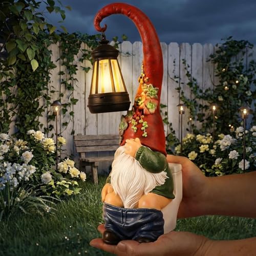 Funny Solar Garden Gnome Statue, 13in Waterproof Resin Decor by Roundot