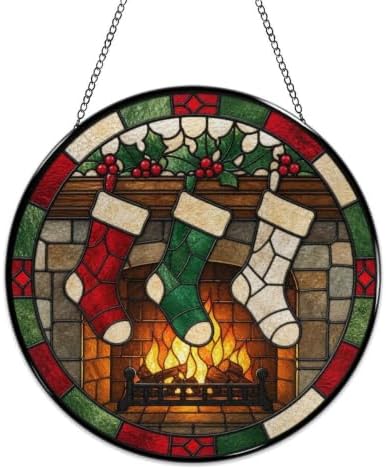 Christmas Fireplace Stockings Stained Glass Suncatcher 9.8" Colorful Window Hanging Ornament, Retro Sun Catcher Decor with Chain for Home Wall Garden Birthday Christmas Mothers Day - Image 4