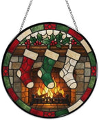 Christmas Fireplace Stockings Stained Glass Suncatcher 9.8" Colorful Window Hanging Ornament, Retro Sun Catcher Decor with Chain for Home Wall Garden Birthday Christmas Mothers Day - Image 4